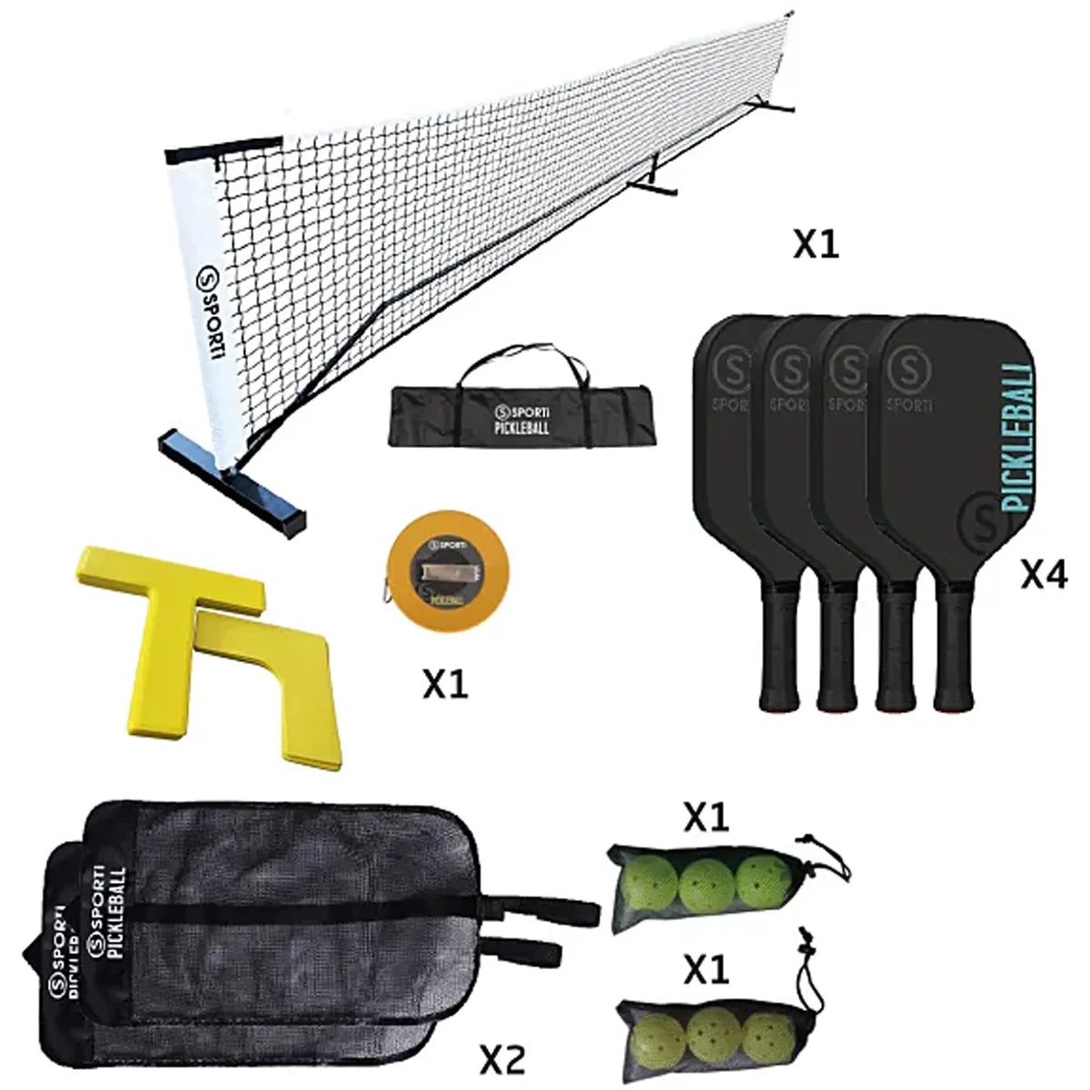 KIT COMPLETO CANCHA PICKLEBALL: RED CON ESTRUCTURA + MARCADO + RAQUETAS + PELOTAS
