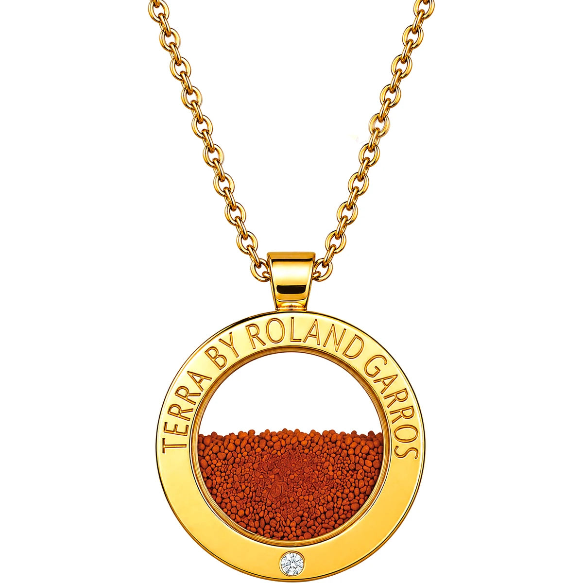 COLLAR Y MEDALLA TERRA ACCESS ACERO DORADO BRILLANTE 1 PIEDRA GRAN MODELO