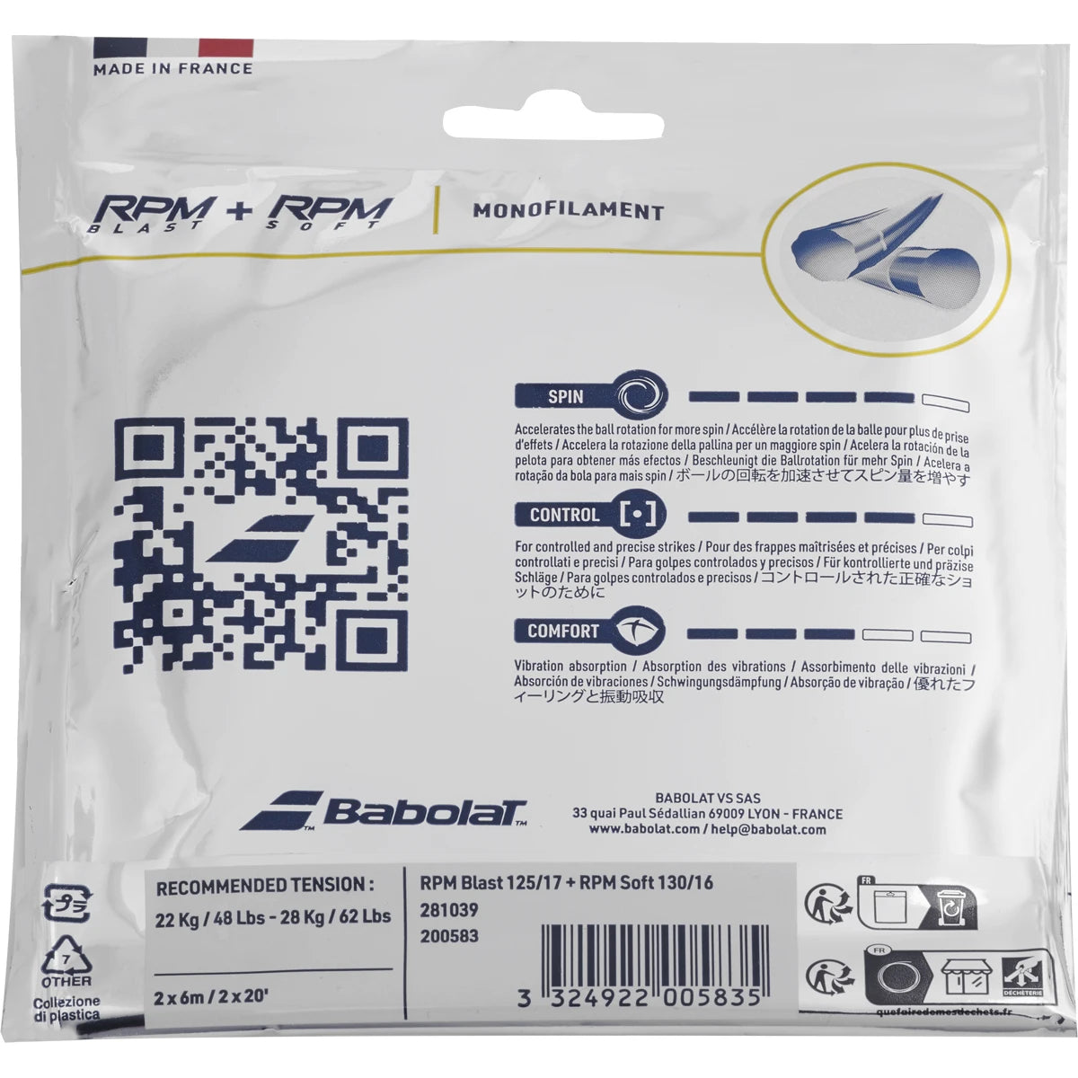 CORDAJE BABOLAT HÍBRIDO RPM BLAST (1.25MM) + RPM SOFT (1.30MM)