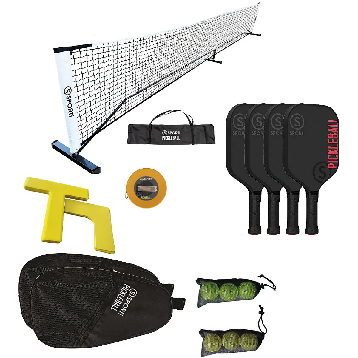 KIT COMPLETO CANCHA PICKLEBALL: RED CON ESTRUCTURA + MARCADO + RAQUETAS + PELOTAS
