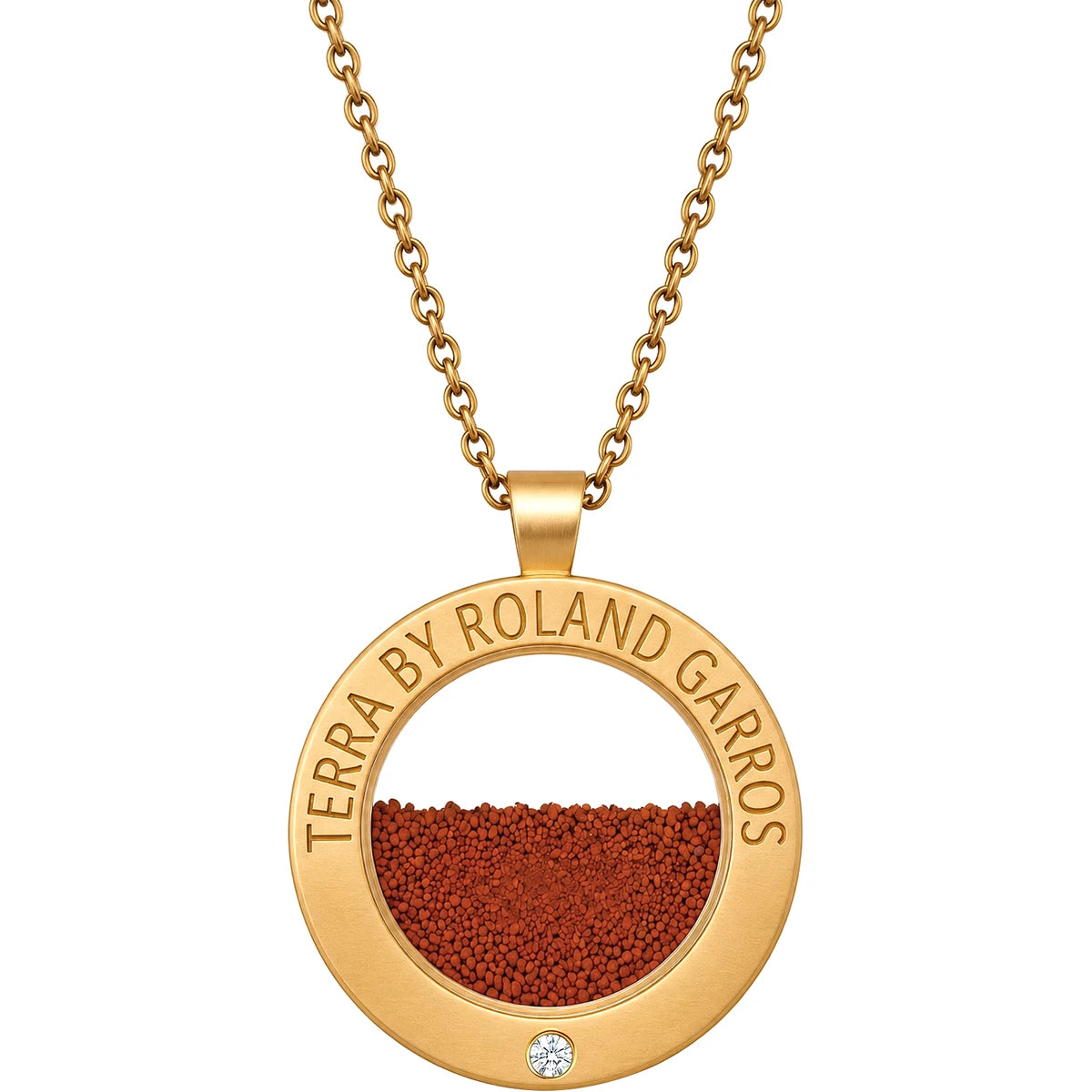 COLLAR Y MEDALLA TERRA ACCESS ACERO DORADO MATE 1 PIEDRA GRAN MODELO