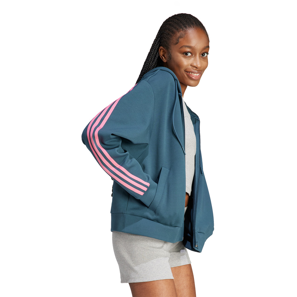 SUDADERA CON CAPUCHA ADIDAS MUJER 3 BANDAS FULL CREMALLERA